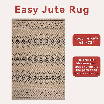Tangsoo Modern Boho Easy Jute Rug 4x6,Non-Slip Ultra Thin Washable Rug for Patio Farmhouse Non Shedding Indoor Door Mat for Porch Patio Bedroom Living Room