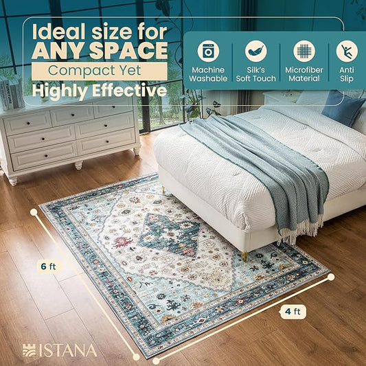 Istana 4x6 Rug - White Cream & Blue Area Rugs 4x6 - Kid & Pet Friendly Machine Washable Rugs - 4 x 6 Area Rug Non Slip & Non Shedding Area Rug - Foldable Rug for Room for Bedroom