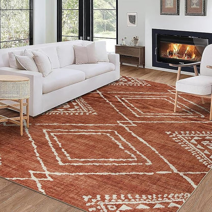 ReaLife Rugs Machine Washable Area Rug - Living Room Bedroom Bathroom Kitchen Entryway Office - Padded Low Pile Stain Resistant Premium - Moroccan Diamond Tribal - Jax - Orange 7'6" x 9'6"