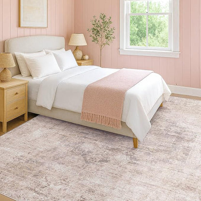 Pink and Grey Living Room Medallion Rug 7x10 - Modern Washable Area Rug for Living Room, Dinning Room, Non Slip Thin & Soft Carpet