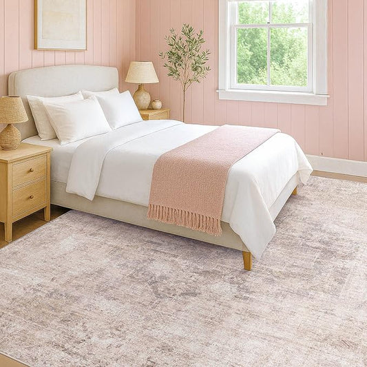 Washale Modern 7x9 Area Rugs for Bedroom, Pink and Grey Rug for Dinning Room Under Table,Living Room, Non Slip Low Pile Thin Floor Carpet