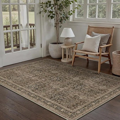 Entryway Area Rug 4x6 Brown Vintage Washable Office Carpet Traditional Distressed Indoor Entry Soft Non Slip Small Door Mat Retro Low Pile Thin Rug for Kitchen Laundry Bedroom