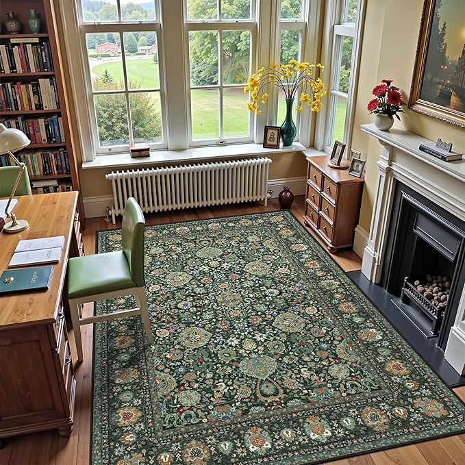 Dark Green Floral Living Room Rug 5x7 Washable Rugs Boho Vintage Oriental Large Foldable Faux Wool Carpet for Bedroom Nursery Room Dorm Kids Playroom Home Office