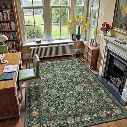 Dark Green Floral Living Room Rug 5x7 Washable Rugs Boho Vintage Oriental Large Foldable Faux Wool Carpet for Bedroom Nursery Room Dorm Kids Playroom Home Office