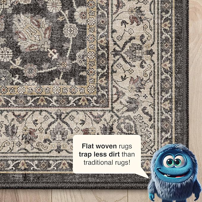 Well Woven Asha Rome Black 3'3" x 5' Area Rug - Oriental Floral Pattern, Easy Clean, Floor-Friendly Backing - for Living Room, Bedroom, and Dining Room