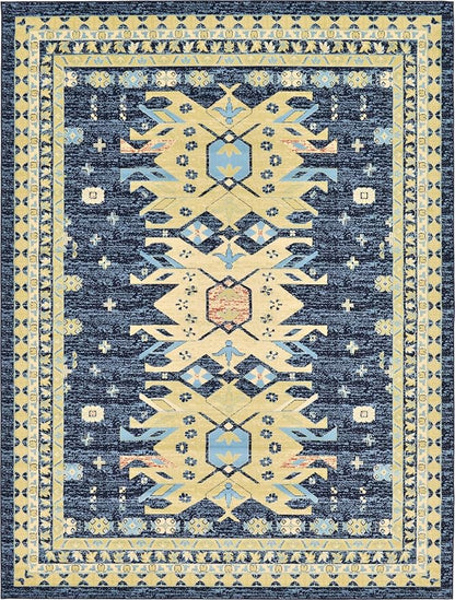 Unique Loom Taftan Collection Border Geometric Tribal Inspired Design Area Rug (9' 10 x 13' 0 Rectangular, Navy Blue/ Gold)