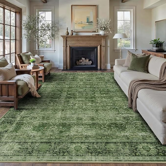10x14 Washable Area Rug Green Vintage Rug for Living Room Bedroom Low Pile Soft Non-Slip Boho Rug for Under Table Boho Distressed Retro Carpet for Bedroom Dining Room