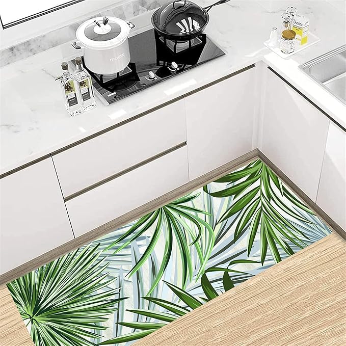 Hall Runner Rug 3.3x10 ft Non-Slip - Tropical Palm Leaves Design in Emerald Green - Easy Clean Washable Carpet for Hallway, Entryway, Bedroom - Durable Floor Decor