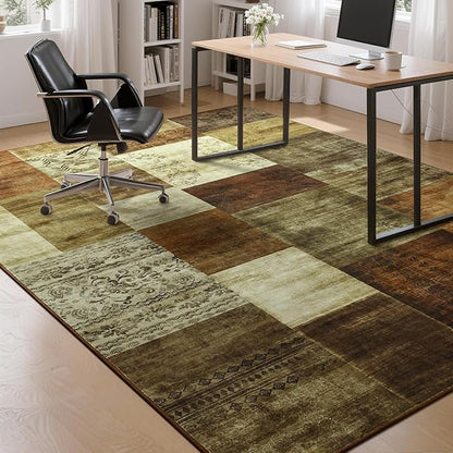 Tepook Modern Area Rug for Living Room, 8x10 Geometric Large Rugs for Bedroom, Washable Patchwork Rug Indoor Non-Slip Throw Carpets for Dining Room Office Farmhouse Home Decor, Brown