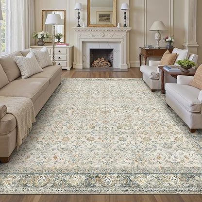 Beige Area Rug 8x10 Living Room Machine Washable Vintage Carpet Non Slip Indoor Retro Traditional Accent Throw Large Rug for Office Bedroom Dining Room Playroom