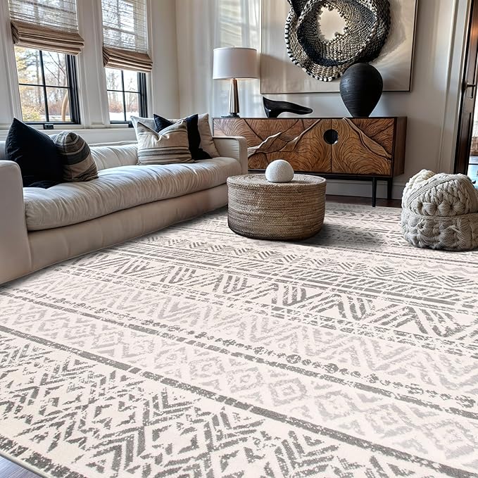 Rugshop Geometric Boho Large Area Rug – Gray Tribal Pattern, Perfect for Living Room, Bedroom, Dining Room, 7'10" x 10'