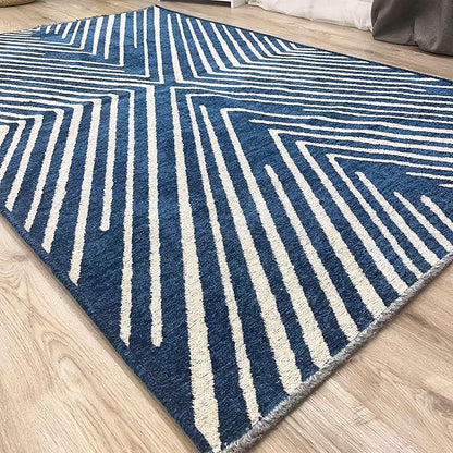 Alfa Rich 7x10 Geometric Navy Blue Off White Washable Area Rugs for Living Room Bedroom Cotton Rug