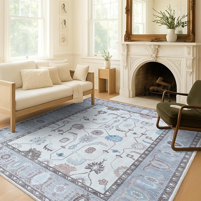 Fame Living Cream Grey Oushak Runner Rug, Modern Runners, Vintage, Turkish, Eclectic, Floral, Pastel, Washable, Runner for Hallway, Kitchen, Bedroom, Bathroom, 2'5"x9'8"