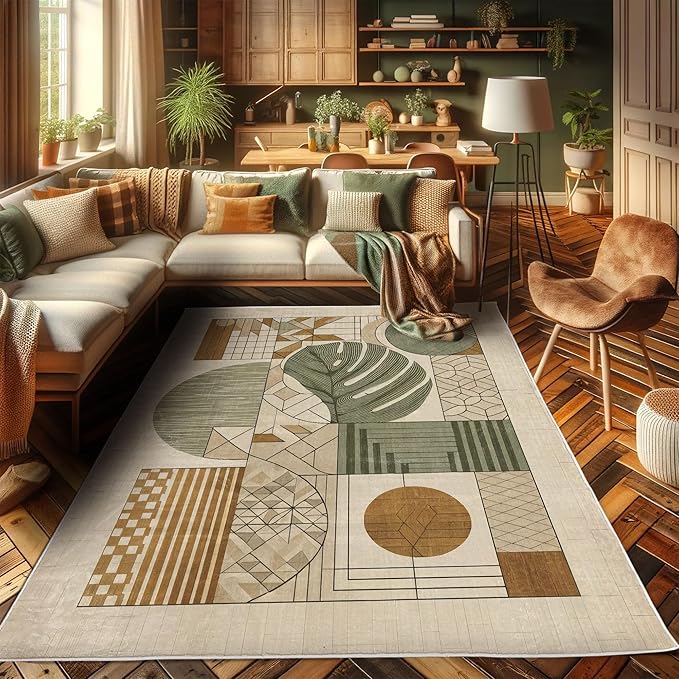 Ambesonne Mid Century Modern Boho Decorative Rug, Monstera Leaf Geometric Grid Ornaments and Circles, Quality Carpet for Bedroom Dorm and Living Room, 2' 2" x 3' 7", Tan Ginger and Laurel Green