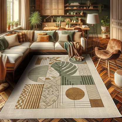 Ambesonne Mid Century Modern Boho Decorative Rug, Monstera Leaf Geometric Grid Ornaments and Circles, Quality Carpet for Bedroom Dorm and Living Room, 2' 2" x 3' 7", Tan Ginger and Laurel Green