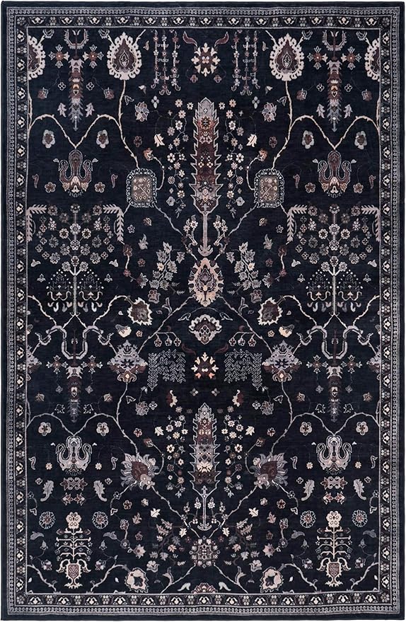 GLN Rugs Traditional Collection - Machine Washable Area Rug, Traditional Washable, Non Slip, Low Pile Chenille Rug, Living Room, Bedroom, Kitchen Rug (4' x 6' Black)