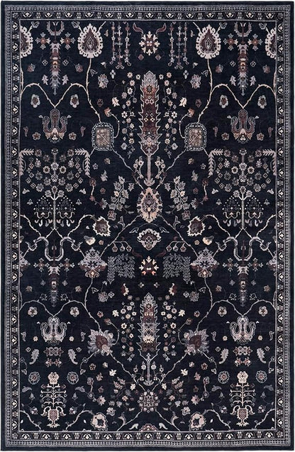 GLN Rugs Traditional Collection - Machine Washable Area Rug, Traditional Washable, Non Slip, Low Pile Chenille Rug, Living Room, Bedroom, Kitchen Rug (8' x 10' Black)