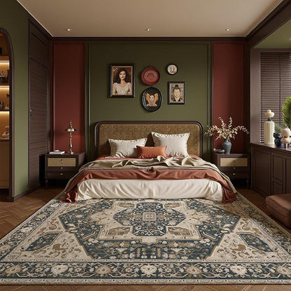 EnHomee 8x10 Area Rugs Washable for Bedroom, Boho Vintage Rugs, Foldable Area Rug for Dining Room, Non-Slip Soft Living Room Rug, Low Pile Large Carpet for Bathroom, Blue and Brown