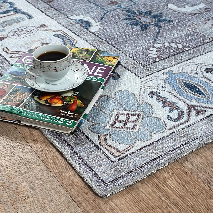 Fame Living Grey Oushak Rug, Modern, Vintage, Turkish, Eclectic, Floral, Pastel, Washable, Oversized, Extra Large Area Rugs for Living Room, Dining, Bedroom, Lounge 9'5"x14'