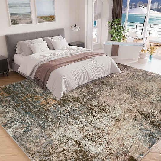 Arbosofe Modern Abstract Rug for Living Room, 8'x10' Washable Area Rug with Non-Slip Backing & Short Pile, Large Carpet with Abstract Pattern for Living Room Bedroom and Dining Floor Carpet Brown
