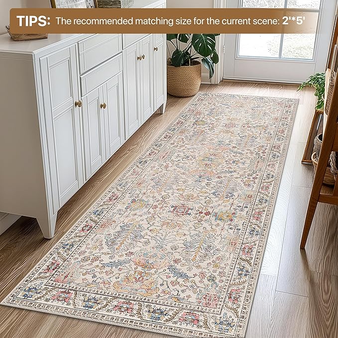 Bavni Runner Rug, Machine Washable Rugs for Bedroom 2x10, Non Slip Boho Rugs with Rubber Backing, Ultra-Thin Folable Rug Runner for Hallways Bathroom, Retro Multi