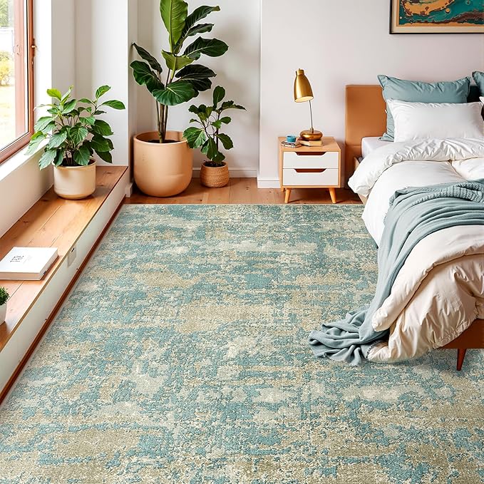 WITSHOCK Living Room Area Rugs 9x12：Modern Abstract Machine Washable Large Rug for Bedroom Dining Room Non-Slip Stain Resistant Home Office Decor,Teal Brown