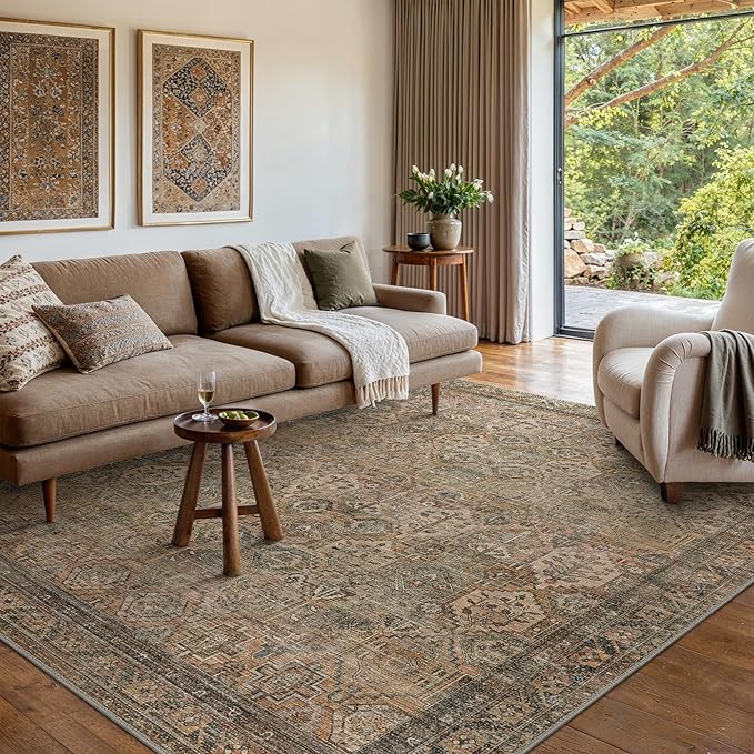 Bavni Washable Rug 10x14 Area Rug for Living Room Bedroom Dining, Washable Vintage Print Carpet, Ultra-Thin Chenille Low Pile Lightweight Rug with Non Slip Backing, Warm Taupe