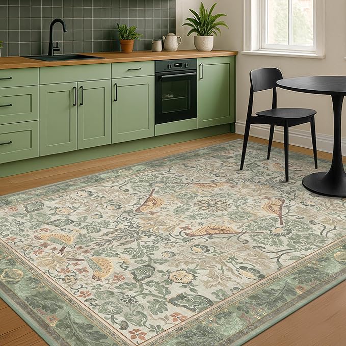 Washable Living Room Rug 7x9 - Sage Floral Nature Rugs for Bedroom, Dining Room Kitchen Table Rug for Under Table, Office, Stain Resistant Non-Slip Large - Sage Green/Beige