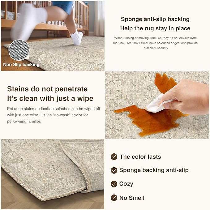 HUGEAR 3x5 Machine Washable Area Rugs Vintage Beige - Neutral Non Slip Stain Resistant Low Pile Aesthetic Throw Carpet Kids & Pet Friendly for Living Room Kitchen Dining Room Laundry