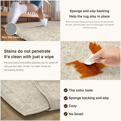 HUGEAR 3x5 Machine Washable Area Rugs Vintage Beige - Neutral Non Slip Stain Resistant Low Pile Aesthetic Throw Carpet Kids & Pet Friendly for Living Room Kitchen Dining Room Laundry