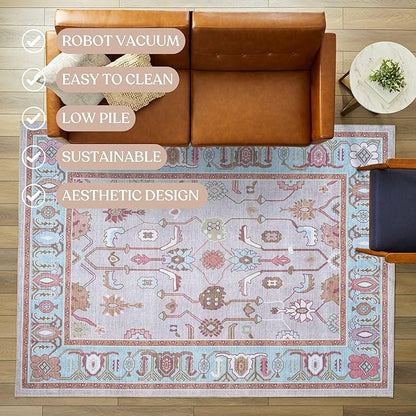 Fame Living Pink Oushak Rug, Modern, Vintage, Turkish, Eclectic, Floral, Pastel, Washable, Oversized, Extra Large Area Rugs for Living Room, Dining, Bedroom, Lounge 9'5"x14'