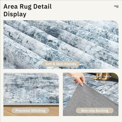 10x14 Area Rugs for Living Room, Non Slip Machine Washable Vintage Rugs, Low Pile Lightweight Large Rug for Bedroom, Dining Room, Home Office Blue