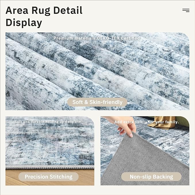 9x12 Area Rugs for Living Room, Abstract Non Slip Machine Washable Vintage Rugs, Low Pile Lightweight Large Rug for Bedroom, Dining Room, Home Office Blue