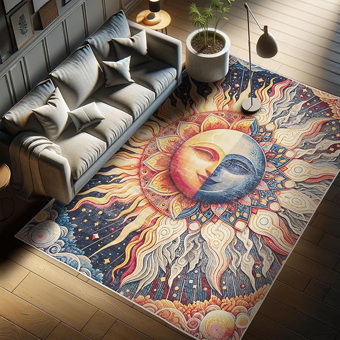 Ambesonne Sun and Moon Decorative Rug, Modern Esoteric Celestial Lunar Motif with Boho Paisley Details, Quality Carpet for Bedroom Dorm and Living Room, 2' 2" x 3' 7", Pale Orange Indigo Beige