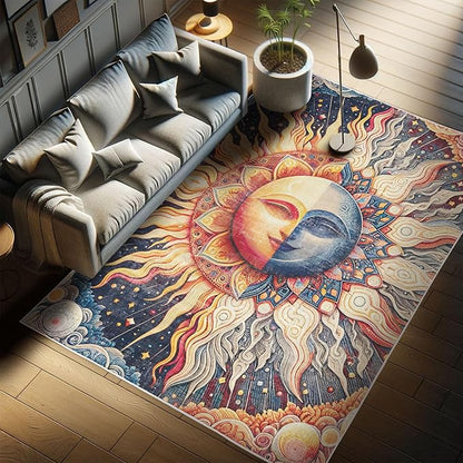 Ambesonne Sun and Moon Decorative Rug, Modern Esoteric Celestial Lunar Motif with Boho Paisley Details, Quality Carpet for Bedroom Dorm and Living Room, 2' 2" x 3' 7", Pale Orange Indigo Beige