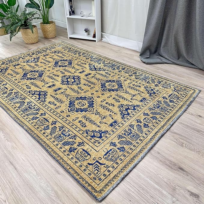 Alfa Rich 7x10 Gold Navy Blue Washable Area Rugs for Living Room Bedroom Kitchen Dining Cotton Rug