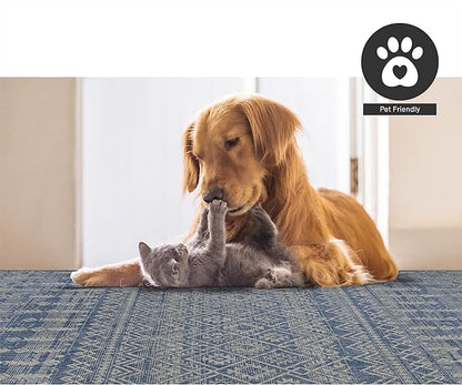 FH Home Flat Woven Outdoor Rug - Waterproof, Easy to Clean, Stain Resistant - Premium Polypropylene Yarn - Boho Moroccan - Patio, Porch, Deck, Balcony - Dakar - Blue - 5ft 2in x 7ft 6in
