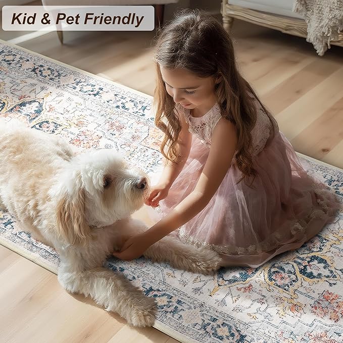 XWZO Runner Rug 2x6ft, Washable Hallway Runner with Non-Slip Backing, Vintage Spill Stain Resistant Floor Mat for Entryway Corridor Bedroom Kitchen, Soft Low-Pile Area Carpet, Colorful