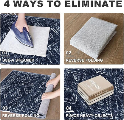 KILOCOCO Boho Entryway Rug 3x5 Area Rug Washable Non Slip Printed Throw Rugs Soft for Kitchen Living Room Dining Bedroom Geometric Moroccan Carpet, Dark Blue