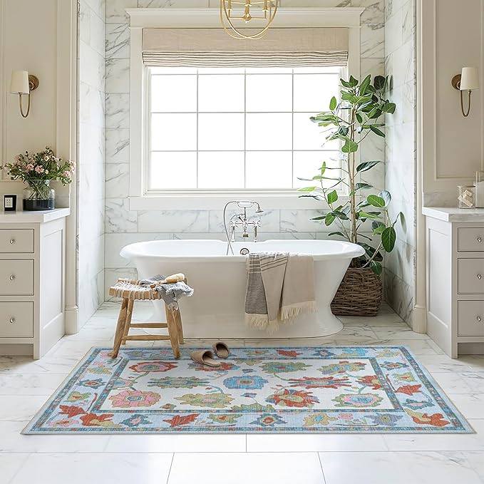 Fame Living Colorful Oushak Rug, Modern, Vintage, Turkish, Eclectic, Floral, Pastel, Washable, Area Rugs for Living Room, Dining, Bedroom, Nursery, Girls, Boys, 5'9"x8'9"