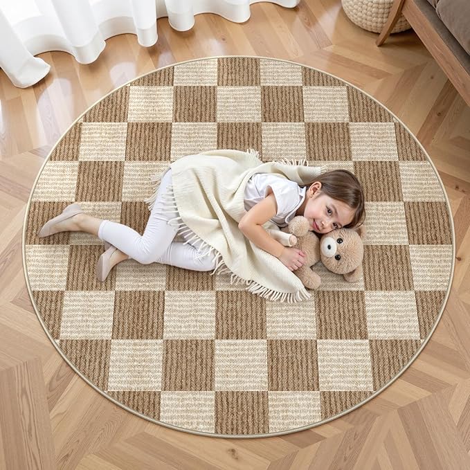 LIVEBOX Checkered Round Rug 4 Ft Washable Area Rug for Playroom, Kids Non-Slip Neutral Classic Circle Rug Geometric Large Carpet Soft Boys Rug for Classroom Dorm Bedroom(Brown,120R)