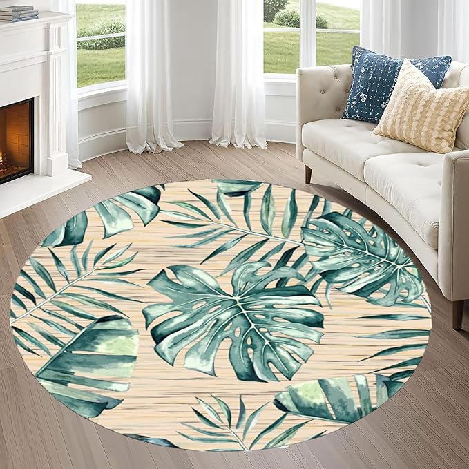 Tropical Leaf Round Area Rug 6ft - Green Beige Watercolor Design Indoor Carpet, Soft Non-Slip Floor Mat for Living Room Bedroom Office, Easy Clean Modern Decor