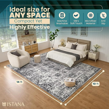 Istana Stylish 10x14 Foldable Machine Washable Dark Grey Area Rugs