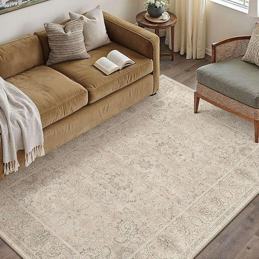 HUGEAR 3x5 Machine Washable Area Rugs Vintage Beige - Neutral Non Slip Stain Resistant Low Pile Aesthetic Throw Carpet Kids & Pet Friendly for Living Room Kitchen Dining Room Laundry