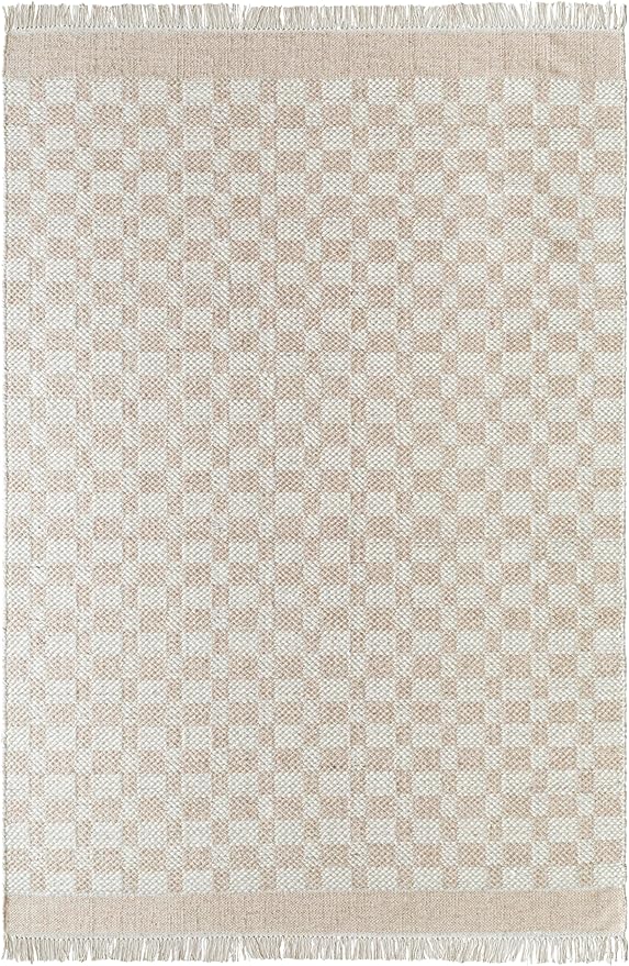 Mark&Day Wool Rugs, 2x8 Clinten Solid and Border Tan Runner Checkered Rug, Tan Ivory Carpet for Hallway, Kitchen, Bedroom or Living Room (2'6" x 8' Runner)
