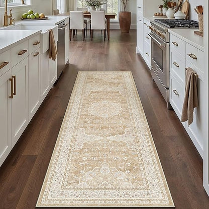 HUGEAR Machine Washable Hallway Runner Rugs 2x6 Vintage Beige Brown Neutral Style Non Slip Stain Resistant Low Pile Throw Carpet for Bedroom Kitchen Retro Aesthetic Modern Decor