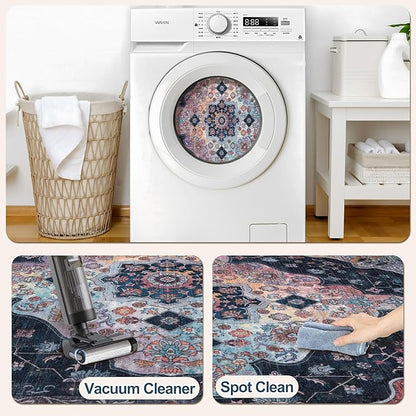 Tangsoo 2.6x8 Washable Runner Rug for Hallways, Non Slip Vintage Runner, Soft Low Pile Long Rug Runner, Print Distressed Navy Carpet Runners for Kitchen Bedroom Entryway Bathroom Living Room