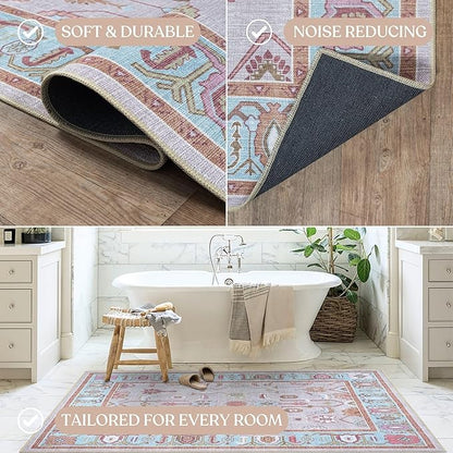 Fame Living Pink Oushak Rug, Modern Small Rugs, Vintage, Turkish, Eclectic, Floral, Pastel, Washable, Door Mat, Doormat for Indoor Entrance, Entryway, Kitchen, Bathroom, Bedroom, Laundry, 2'x3'