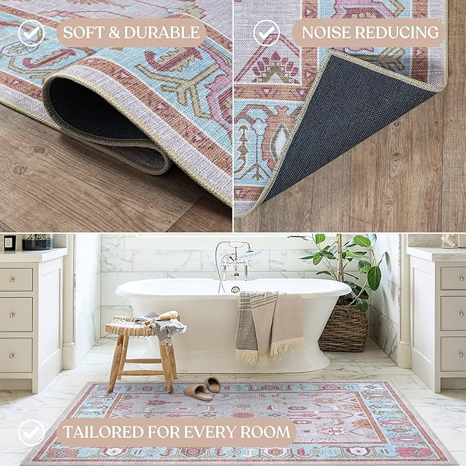 Fame Living Pink Oushak Rug, Modern, Vintage, Turkish, Eclectic, Floral, Pastel, Washable, Large Area Rugs for Living Room, Dining, Bedroom, Girls, Boys, 7'5"x9'8"