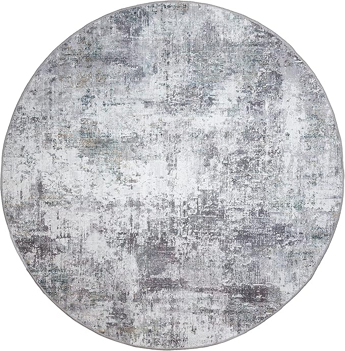 GLN Rugs Contemporary Collection - Machine Washable Area Rug, Contemporary Washable, Non Slip, Low Pile Chenille Rug, Living Room, Bedroom, Kitchen Rug (5'3" Round Grey/Green)